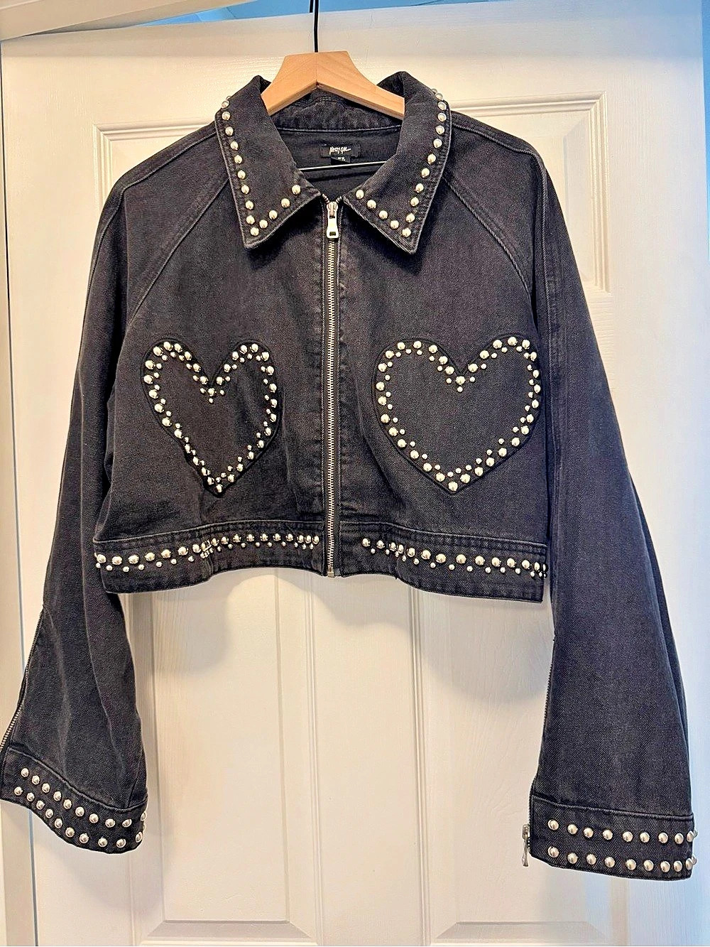 Nasty Gal Heart Studded Cropped Denim Jacket